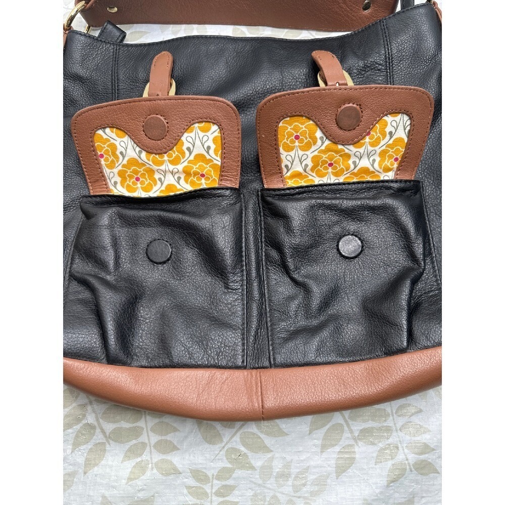 Emma Fox Black Leather Hobo Bag Tri-Color Buckle Pockets Floral Lining Large - Picture 3 of 8